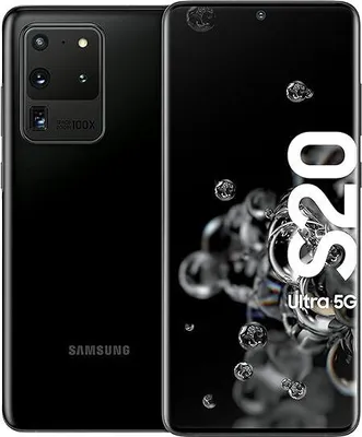 A black Samsung Galaxy S20 Ultra 5G smartphone is shown from the front and back. The front displays the screen with text and graphics, while the back shows the camera module.