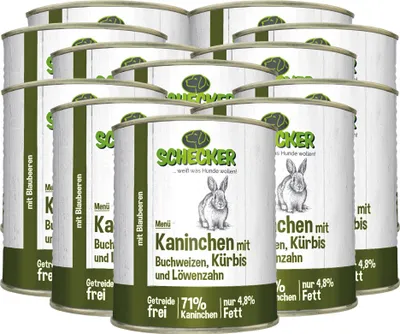 Produktbild von 12 x 820 g - Schecker Nassfutter - Hundemenü 71 % Kaninchen Buchweizen, Kürbis - getreidefrei