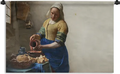 Produktbild von MuchoWow® Wandteppich Wandbehang Das Milchmädchen - Kunst - Alte Meister - Vermeer 90x60 cm Tapisserie Dekoration Wandtuch - Wandskulpturen - Bildteppich