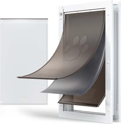 Zdjęcie produktu dla SucceBuy Klapka dla psów (XL) z 3 klapkami magnetycznymi i solidną metalową ramą, odporna na warunki atmosferyczne klapka dla zwierząt domowych do drzwi wewnętrznych i zewnętrznych, klapka dla kotów i psów w kolorze białym, 34,61 x 60 cm (szerokość x wysokość)