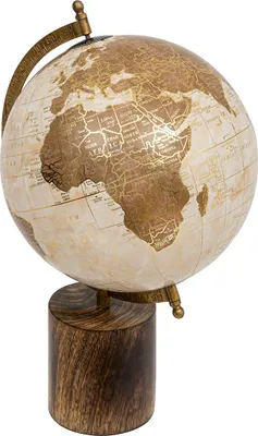 A decorative globe on a wooden stand, isolated on a white background.