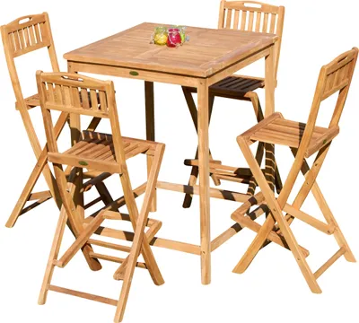 Produktbild von ALEOS. XXL BAR-SET - TEAK Bartisch Bistrotisch Stehtisch 80x80cm mit 4x Barhocker klappbar Holz BIMA-SET80+4KLAPP