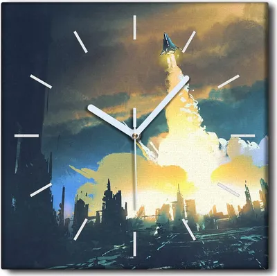 Produktbild von Coloray Uhr auf Leinwand 30x30 cm Wand Uhr Dekoration Wohnzimmer Segeltuch weiße Zeiger -Rakete Cosmos Erde.