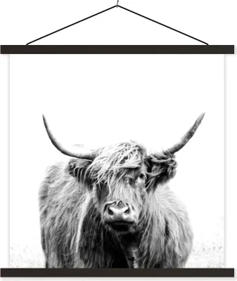 Produktbild von MuchoWow® Textilposter Schottisches Hochlandrind - Porträt - Schwarz - Weiß 40x40 cm mit schwarzem Rahmen - Fotos