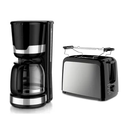A black coffee maker and a black and silver toaster are displayed side by side on a white background.