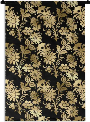 Produktbild von MuchoWow® Wandteppich Wandbehang Muster - Blumen - Gold 60x90 cm Tapisserie Dekoration Wandtuch - Foto-Teppich - Abwaschbar