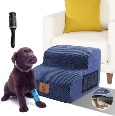 Produktbild von Kleine Hundetrappchen, tragbar, wasserfest, abnehmbar, mit Waschhose, Hundetrappchen 30 cm hoch, mit 1 Fellrolle (2 Stufen)