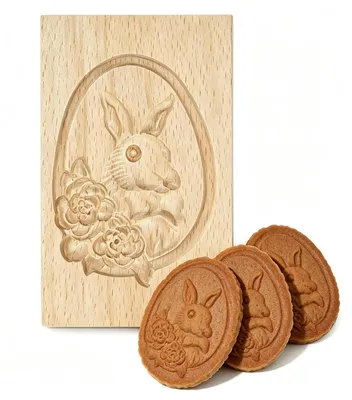 Obrázok produktu pre Forma na koláčiky "Zajačik, ruža, srdce", drevo, 13x8 cm. Sada pečiatok na koláčiky