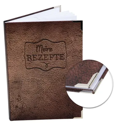 Produktbild von Rezeptbuch DIN A5 MEINE REZEPTE braun in Lederoptik - Vintage Kochbuch Blankobuch zum Selberschreibenmit Metallecken