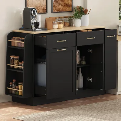 Produktbild von okwish Sideboard Aufbewahrungsschrank mit Schubladen und externer Gewürzregal Küchenschrank mit Abfallbehälterfach für Wohnzimmer und Küche Schwarz