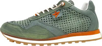 A side view of a green sneaker with orange accents.