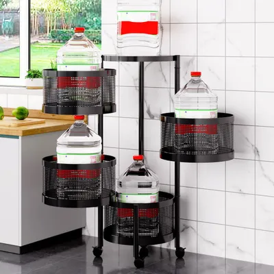 Image de Étagère de cuisine pivotante à 4 niveaux Paniers à fruits et légumes, étagère métallique multicouche avec roulettes Organisateur d'étagère à paniers noir
