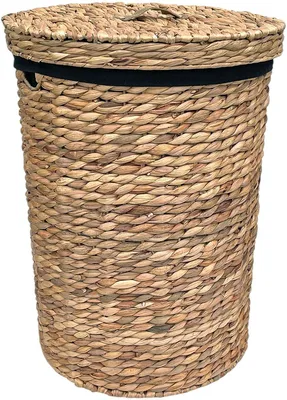 Zdjęcie produktu dla Koszyk na pranie Lavandoux z pokrywą – naturalna włóknina wodna – średnica 35 cm, wysokość 50 cm – wyjmowany, czarny worek na pranie – średni