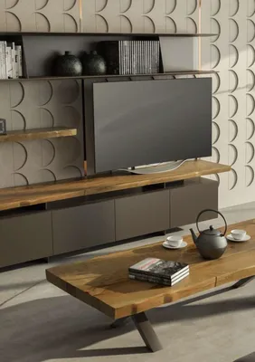 Zdjęcie produktu dla Nowoczesny stojak TV z półkami ściennymi Luksusowe szafki do przechowywania orzech naturalny