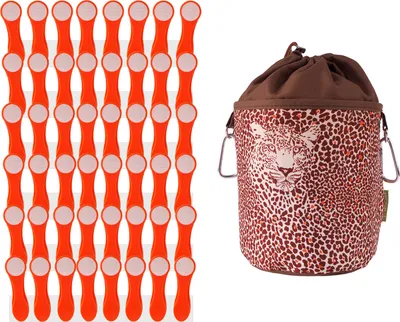 Produktbild von trendfinding 48 Wäscheklammern Orange-Weiß Edelstahl und 1 Wäscheklammerbeutel Leopard