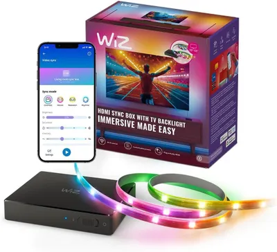 Produktbild von WiZ HDMI Sync Box mit TV-Hintergrundbeleuchtung für TVs von 55"–65", Set für intelligente Beleuchtung, Wi-Fi/Bluetooth, Schwarz, Wi-Fi 4 (802.11n), 802.11b, 802.11g, LED, Kunststoff