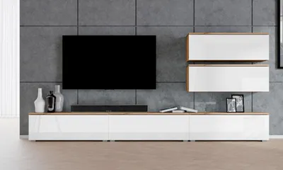 Produktbild von AX LIVING Anbauwand Loriano V Wohnwand Eiche Wotan/weiß Hochglanz 300