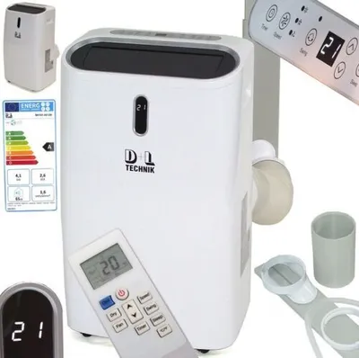 A white portable air conditioner with a remote control and an energy efficiency label.