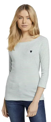 Immagine prodotto di TOM TAILOR, maglia a maniche lunghe da donna, modello 1024035, con ricamo a forma di cuore sul petto, colore 26035 - Bianco