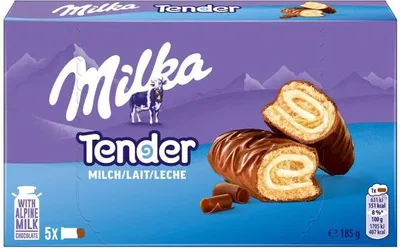 Produktbild von Milka Tender Milch 37g, Keks, Schokolade, 37 g, Biskuit-Rolle mit einer Milchcrèmefüllung (23%), überzogen mit Alpenmilch Schokolade (28%)...., 424 kcal, 1776 kJ