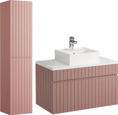 Produktbild von Waschbeckenunterschrank hängend mit Ablagen & Aufsatzwaschbecken - Streifenoptik - Rosa - 80 cm - SATARA
