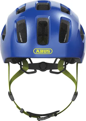 A blue bicycle helmet with green straps, shown from the back.