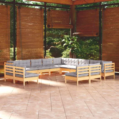 Produktbild von Möbel 13-tlg. Garten-Lounge-Set mit Grauen Kissen Massivholz Kiefer - Balkonmöbel 3096886
