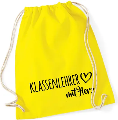 Produktbild von Huuraa Turnbeutel Klassenlehrer mit Herz 12 Liter Yellow Baumwolle Rucksack Geschenkidee