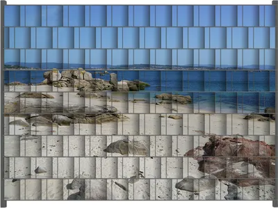Produktbild von Wallario Zaunsichtschutz mit Motiv Felsen auf einem Sandstrand für Ein- und Doppelstabmatten Zäune in der Größe 250 x 180 cm