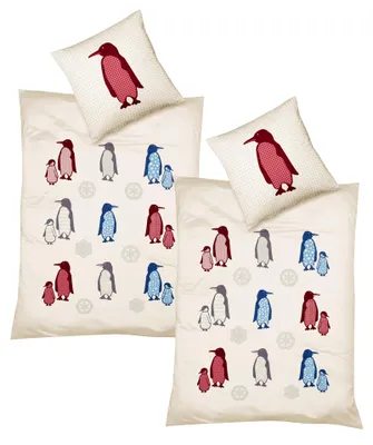 Produktbild von JACK by Fleuresse 4tlg. Fein Biber Bettwäsche 135x200cm Pinguin Rot Blau Grau