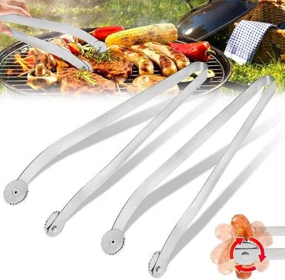 Obrázok produktu pre Kuchynské kliešte z nehrdzavejúcej ocele s valčekmi, otočné, dlhé, na grilovanie a varenie