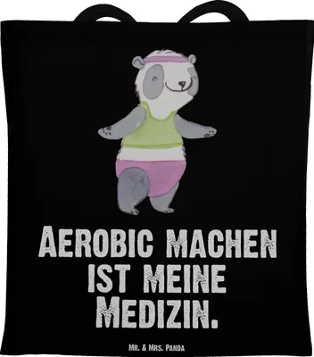 Produktbild von Mr. & Mrs. Panda Tote Bag Panda Aerobic - Schwarz - Geschenk, Tasche, Jutebeutel, Stoffbeutel, Fitnessstudio, Fitness, Uni, Shopping