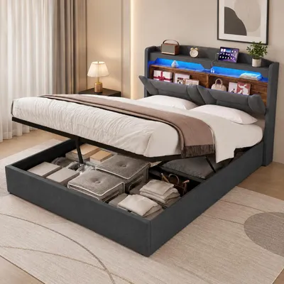 Zdjęcie produktu dla Łóżko platformowe INONEFT, łóżko tapicerowane 140 x 200 cm, łóżko z hydraulicznym podnośnikiem i pojemnikiem na pościel, z oświetleniem LED i portami USB, łóżko dwuosobowe z zagłówkiem, idealne dla młodzieży, tkanina: len, kolor: jasnoszary