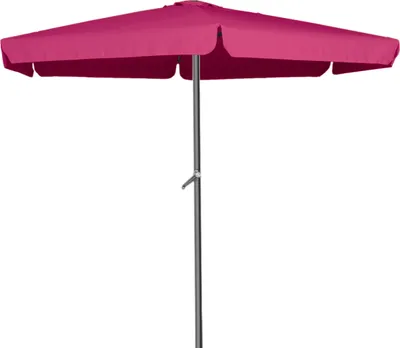 A pink patio umbrella with a metal pole against a white background.