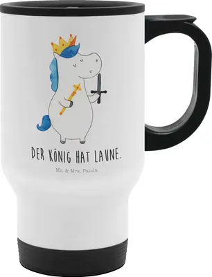 Produktbild von Mr. & Mrs. Panda Thermobecher To Go Einhorn König mit Schwert - Weiß - Geschenk, Einhörner, kaffee tasse, Unicorn, thermosbecher, Kaffeebecher, Becher, Deko, Mittelalter