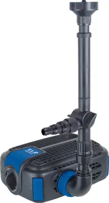 A product shot of a black and blue water pump with attachments.