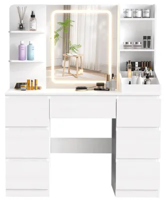 Image de Coiffeuse - Table de maquillage - Miroir avec éclairage LED réglable - 7 tiroirs, 4 étagères - 110 x 40 x 140 cm - Sans tabouret - Blanc