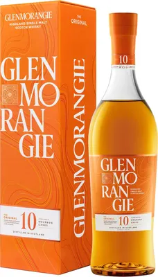 A bottle of Glenmorangie The Original 10 Year Old Highland Single Malt Scotch Whisky and its accompanying gift box are displayed against a white background.