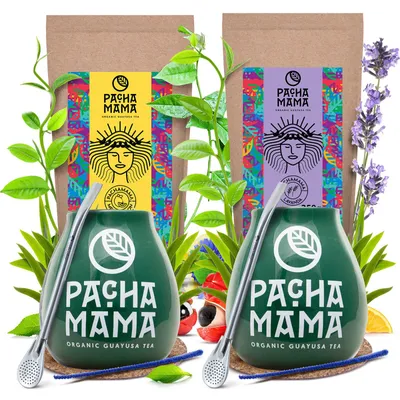 Produktbild von Pachamama - Guayusa Tee Set Lavanda, Menta Limon 2x100g - Grün Mate Becher 2x350ml - Hoher Koffeingehalt - Luftgetrocknet, Mild - Mit Bombilla