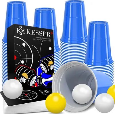 Produktbild von KESSER® Bierpong Set mit Kartenset, 100 Becher (473ml), 10 Bällen und 54 Karten - Trinkspiele Partybecher Sets für Erwachsene, ideal für Feiern, Geburtstage und Hochzeiten