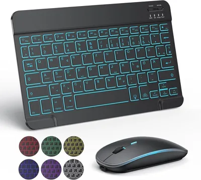 Immagine prodotto di Set tastiera e mouse Bluetooth senza fili QWERTZ per iPad, con retroilluminazione, colore nero