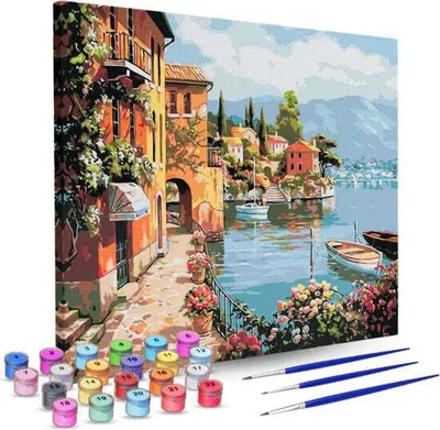 Produktbild von Rubye® Malen nach Zahlen Erwachsene und Kinder [See und Berge] - DIY Ölgemälde Leindwand Set - Inklusive Pinsel, Staffelei und Farben - 40 cm x 50 cm