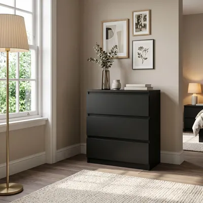 Produktbild von Masseno Kommode NUDO 70 cm Sideboard mit 3 Schubladen und Türen für Wohnzimmer Schlafzimmer Modern 70x39x78,5 cm Schwarz / Schwarz