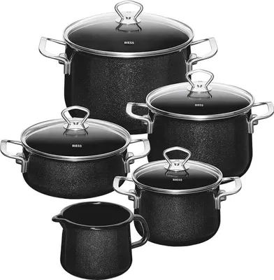A set of black cookware with glass lids, arranged in a studio shot against a white background.
