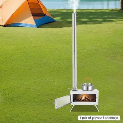 Produktbild von Campingofen aus Edelstahl – Tragbarer Holzofen für Camping und Kochen – Inklusive Schornstein
