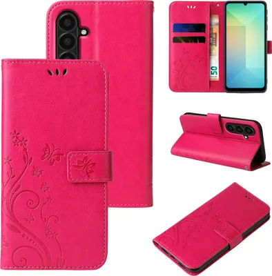 Produktbild von Handyhülle für Samsung Galaxy A26 5G Floral Blumen Schmetterling Flip Cover Hülle Case Klapphülle Handytasche Farbe: Pink