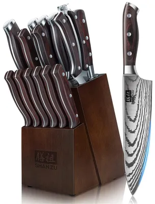 Produktbild von SHAN ZU Messerset 16 teilig, Japanisches Küchenmesser Set mit Block
