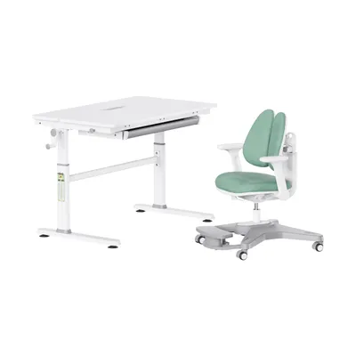 Produktbild von HOKO Kinderschreibtisch-Set höhenverstellbar, Schreibtisch und Kinderstuhl für Kinder ab 6 Jahren, 100x60 cm Arbeitsfläche, Weiß-Grün, JANA & ANTON