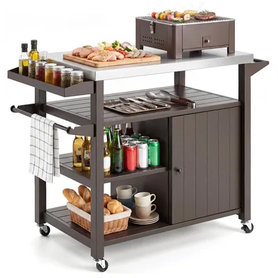 Produktbild von COSTWAY Grillwagen Metall, Grilltisch auf Rollen, Servierwagen mit Edelstahlarbeitstisch, 3 Ablagen, Schrank, Gewürzregal & Griff, Beistelltisch Braun