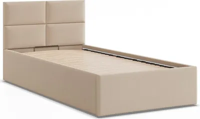 A single bed frame with a padded headboard is shown against a white background.